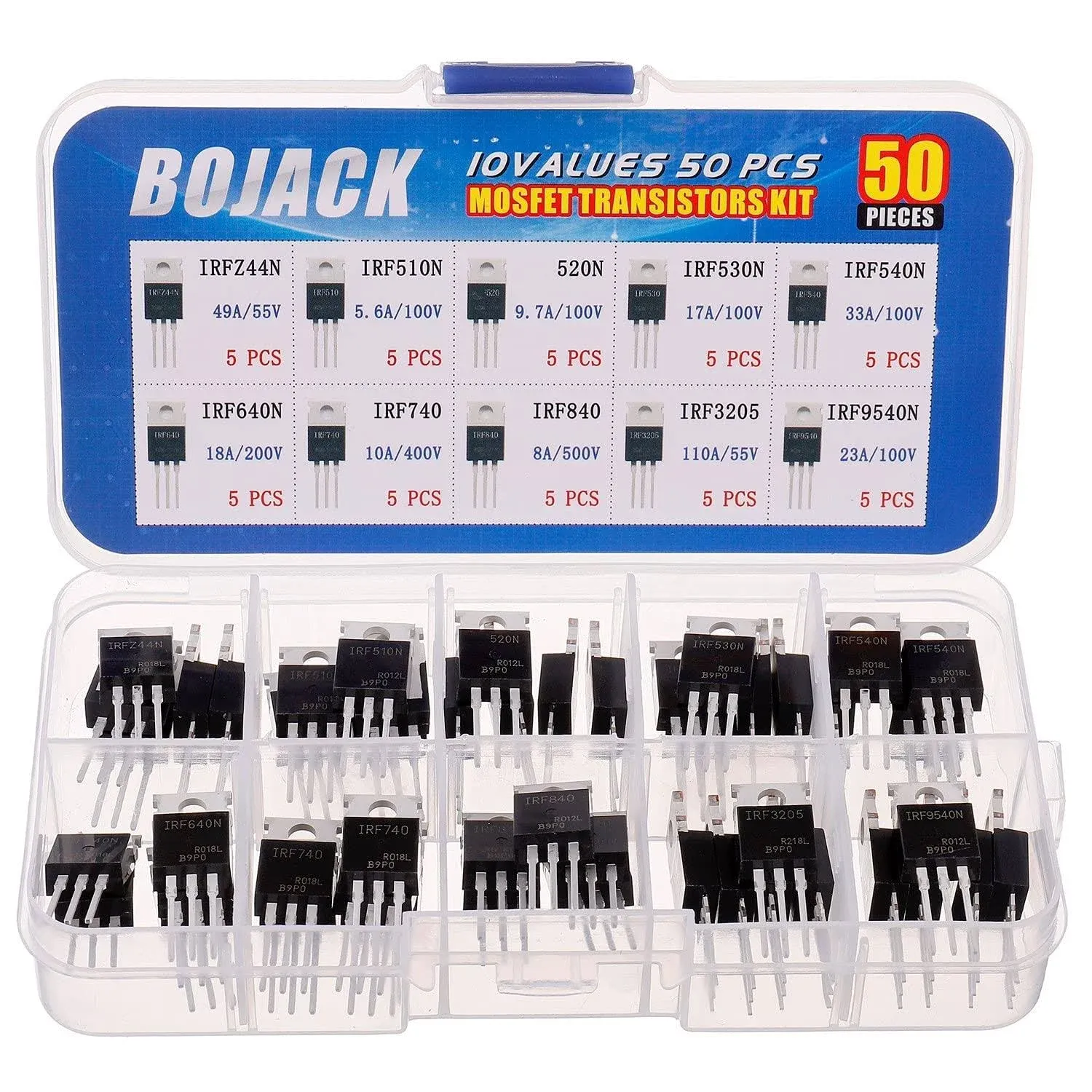 BOJACK 10 Valores 50 Pcs IRFZ44N IRF510N IRF530N IRF540N IRF640N IRF740 IRF840 IRF3205 IRF9540 IRF Série transistores MOSFET Sortimento Kit