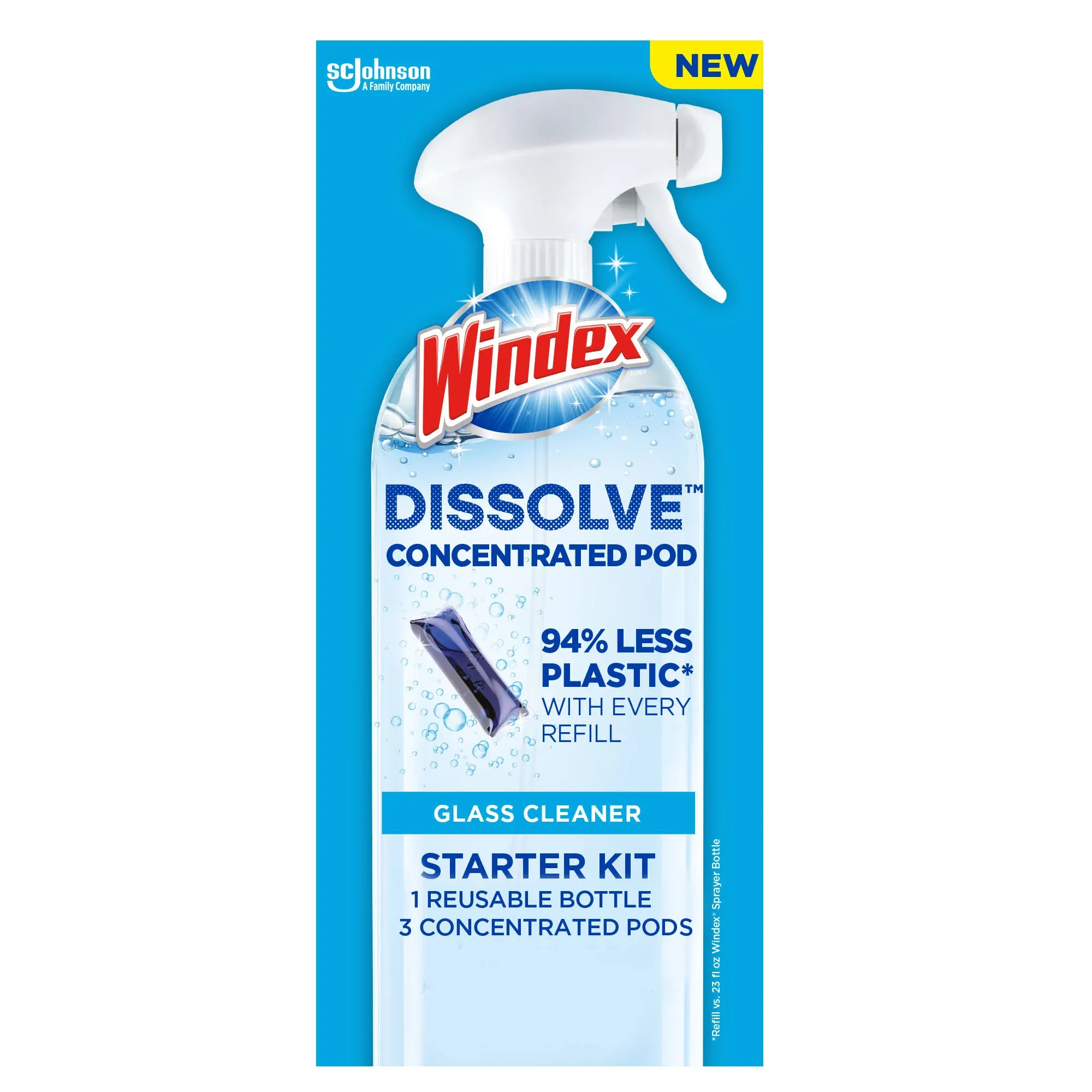 Windex Dissolve Concentrated Pods, Glass Cleaner Starter Kit contains 1 Reusable Bottle, 3 Concentrated Dissolvable Pod