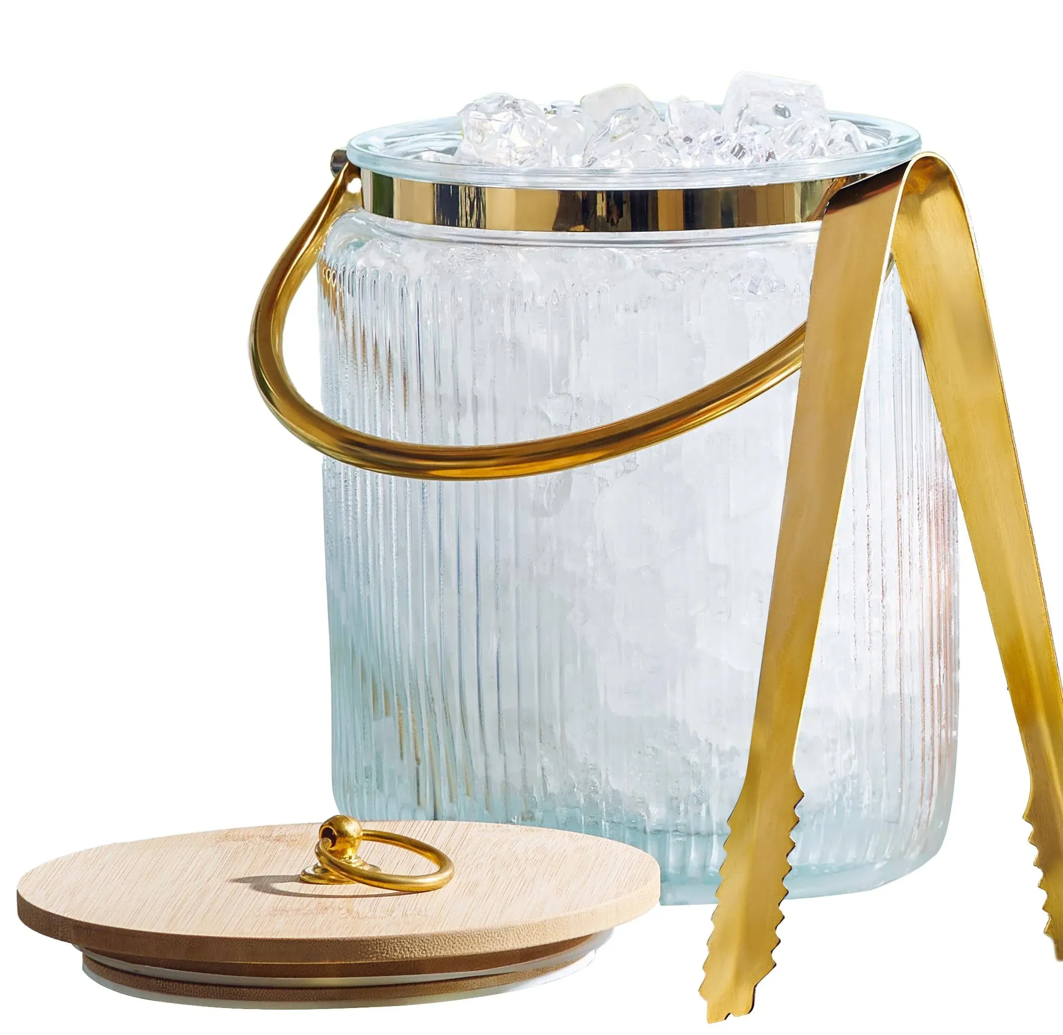 Glass Ice Bucket with Airtight Lid, Ice Tong Scooper and Handle - 3L Ribbed ...