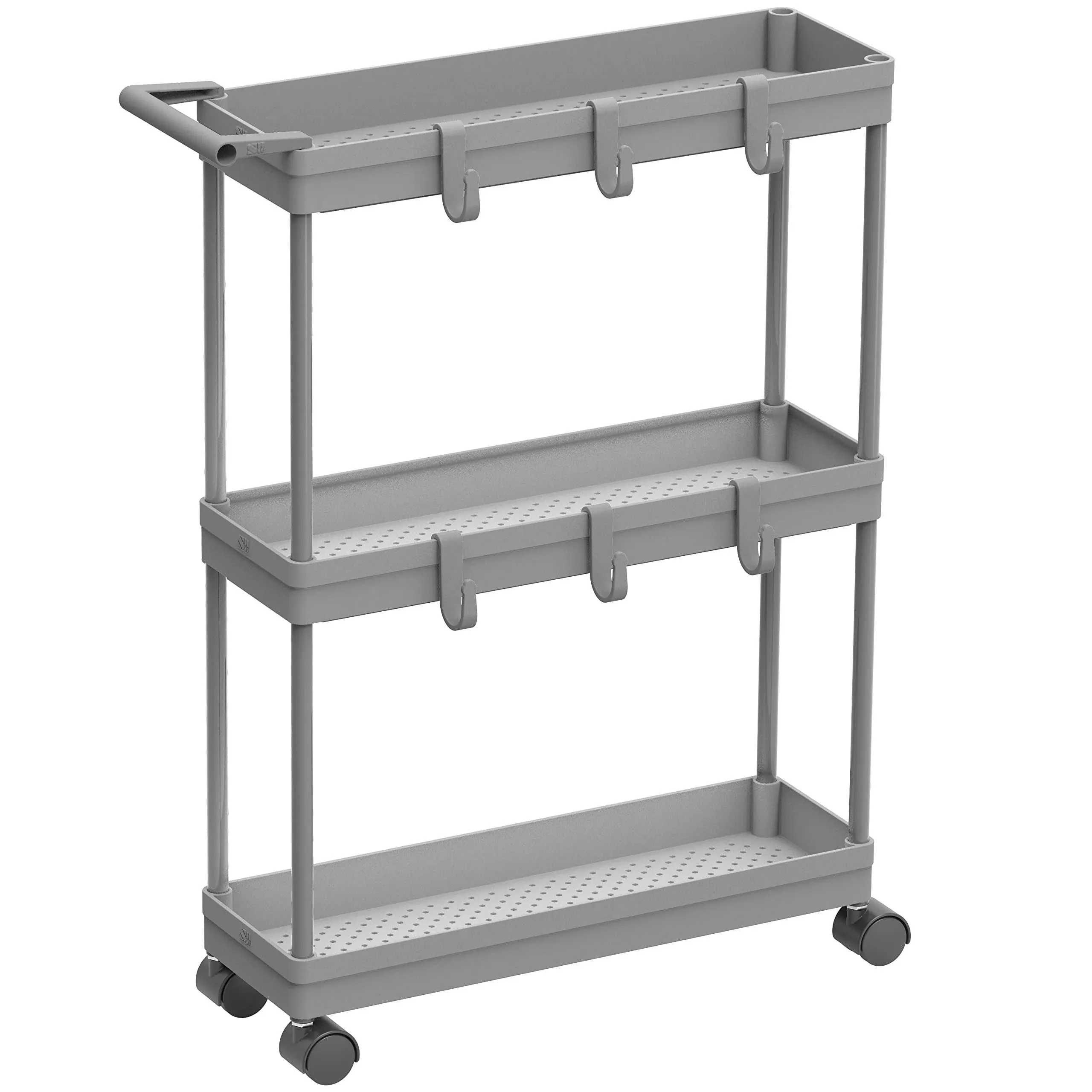 SimpleHouseware 3-Tier Slim Rolling Cart with Handle and Hooks for Narrow Storage ...