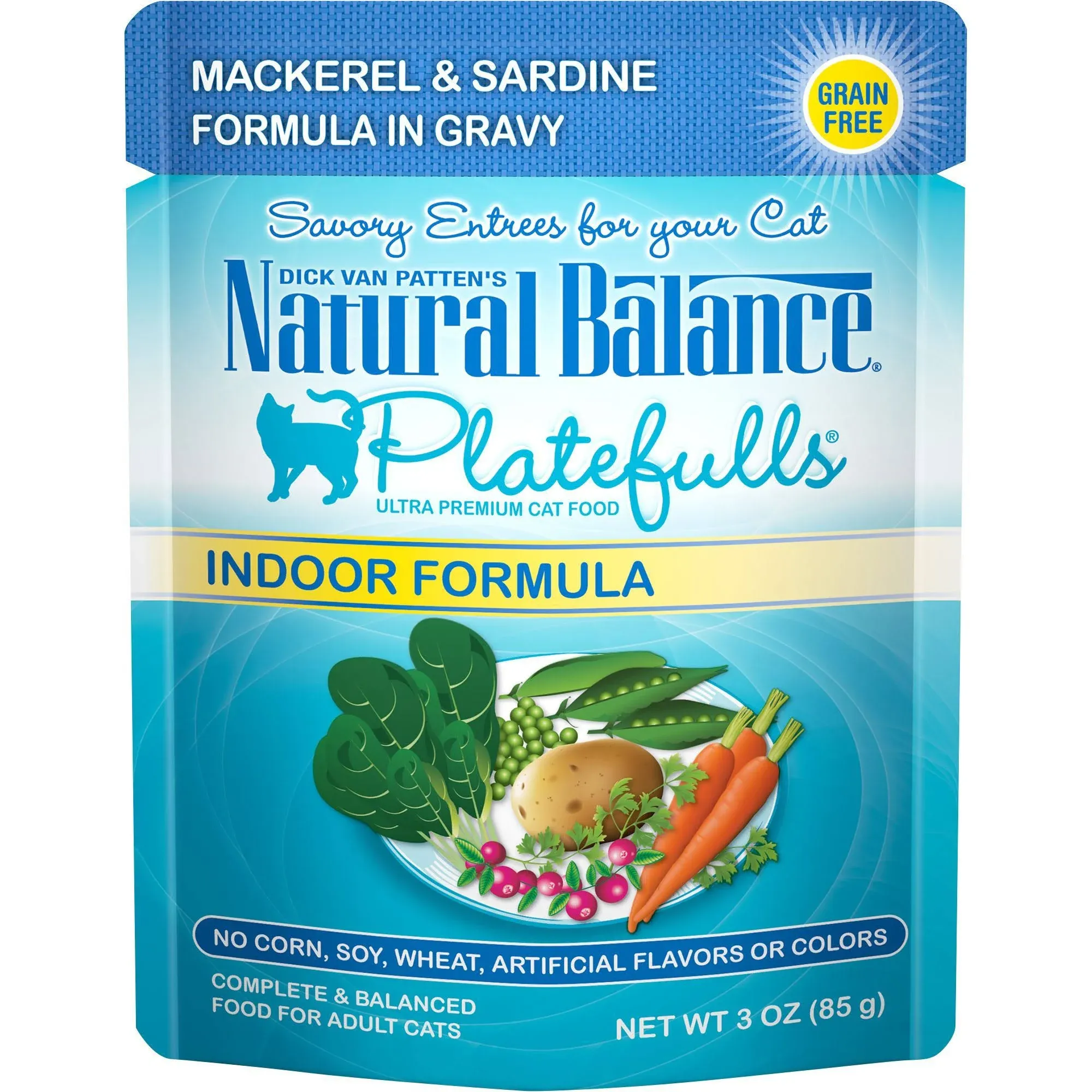 Natural Balance Original Ultra Platefulls Indoor Adult Grain Free Wet Cat Food, Mackerel & Sardine Recipe, 3 Ounce Pouch (Pack of 24)