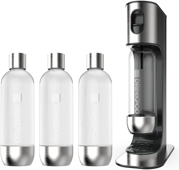 Drinkpod Soda Maker In Stainless Steel Sparkling Water Machine Carbonated Water Maker Includes 3 x Bottles (Sodapod Pro)