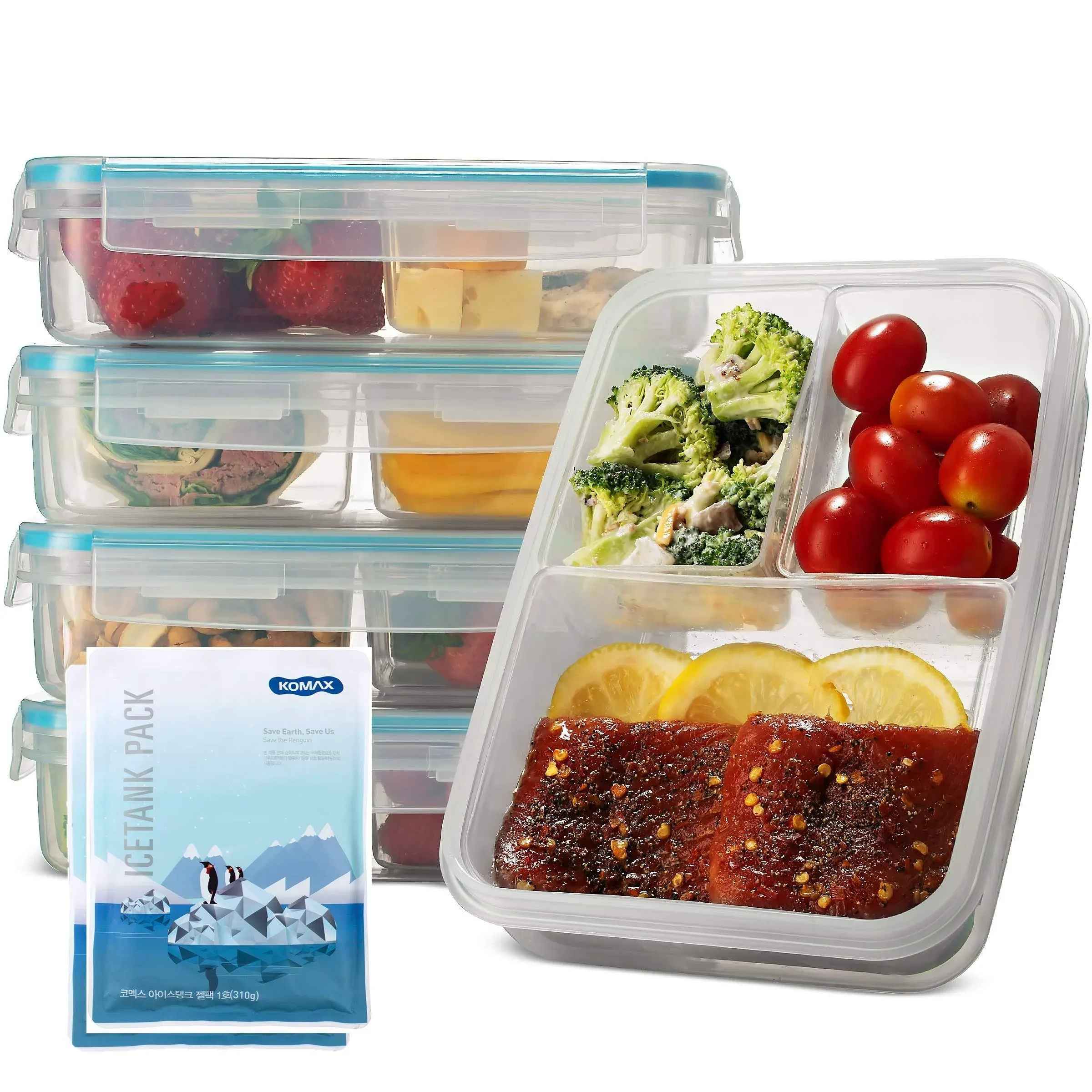 Komax Biokips Set of 5 Lunch Meal Prep Containers (37-oz) with Ice Packs