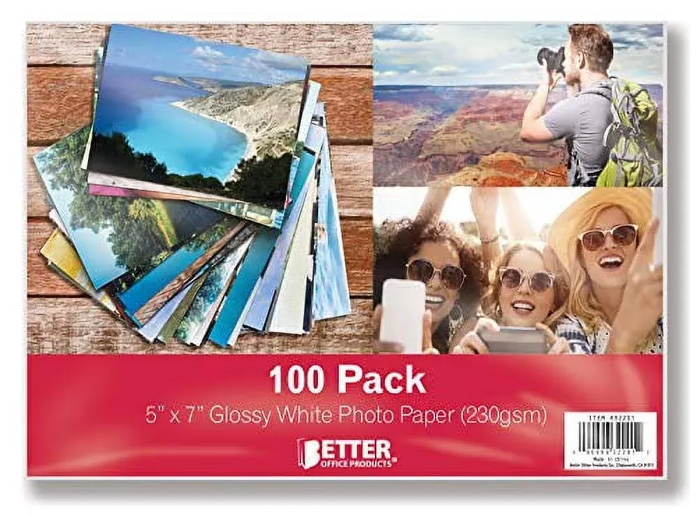 Glossy Photo Paper, 5 x 7 inch, 100 Sheets, by Better Office Products, 230 GSM, 5 x 7, 100-Count Pack