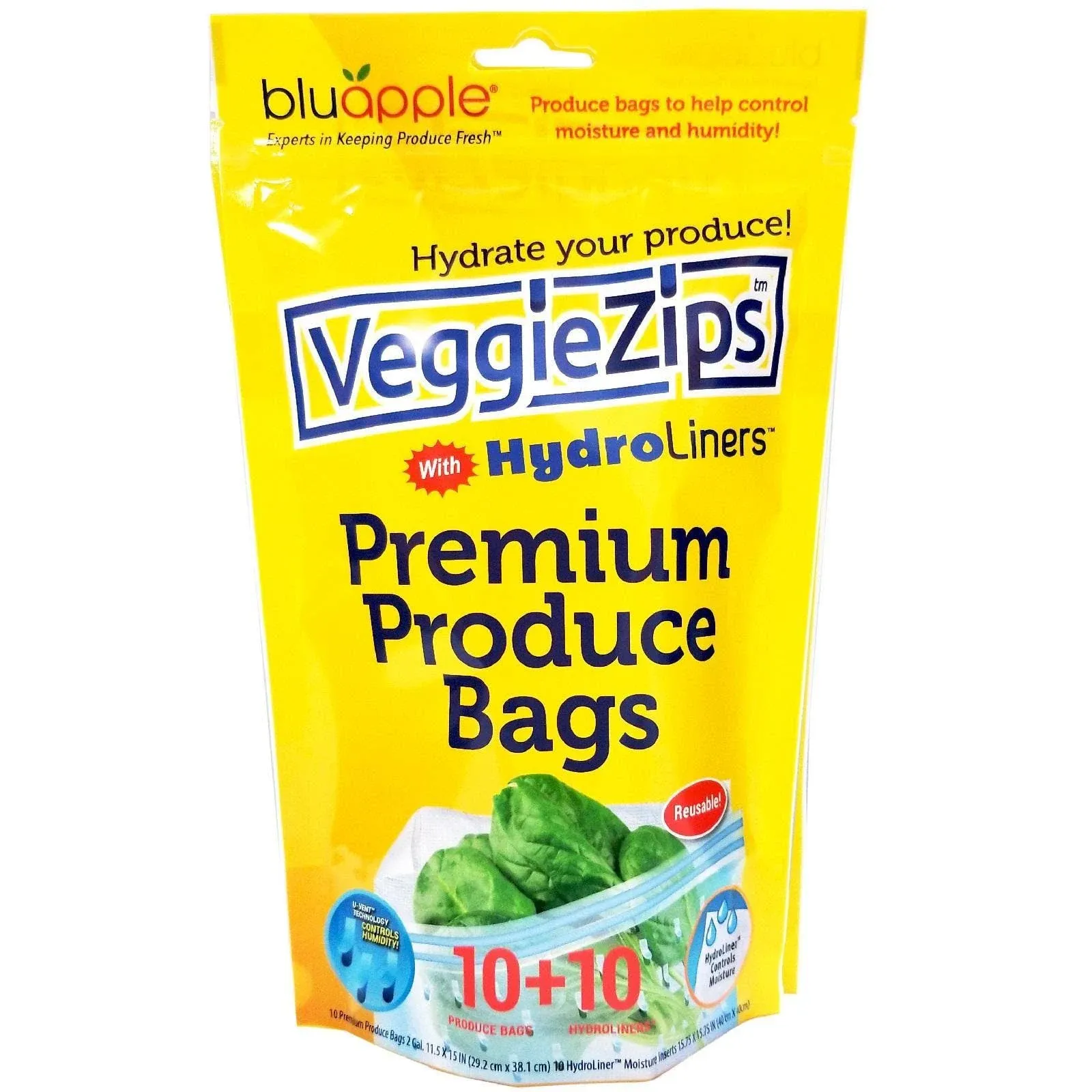 BluApple VeggieZips Premium Produce Storage Bags - 10 Produce Food Saver Bags + 10 HydroLiners to Keep Produce Fresh Longer - Washable & Reusable Bags for Humidity Control for Fruits and Vegetables