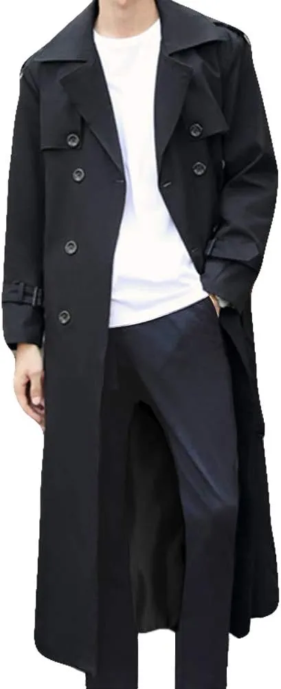 Pantete Mans Double Breasted Trench Coat Oversized Casual Windbreaker Lapel Long ...