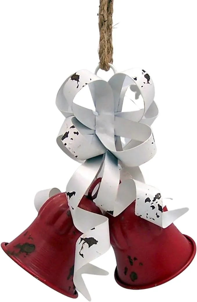 Red Christmas Bells with a White Metal Ribbon, Hanging Holiday Decoration, 9 In