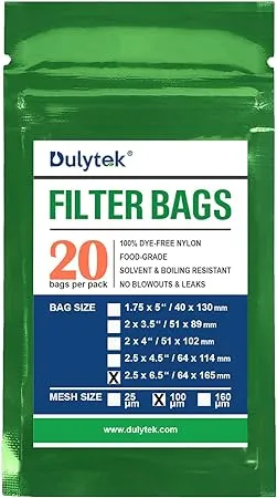 Dulytek® Premium Rosin Press Nylon Filter Bags, 2.5" x 6.5", Various Micron Mesh Sizes Available, and Free Packing Card - Zero Blowouts