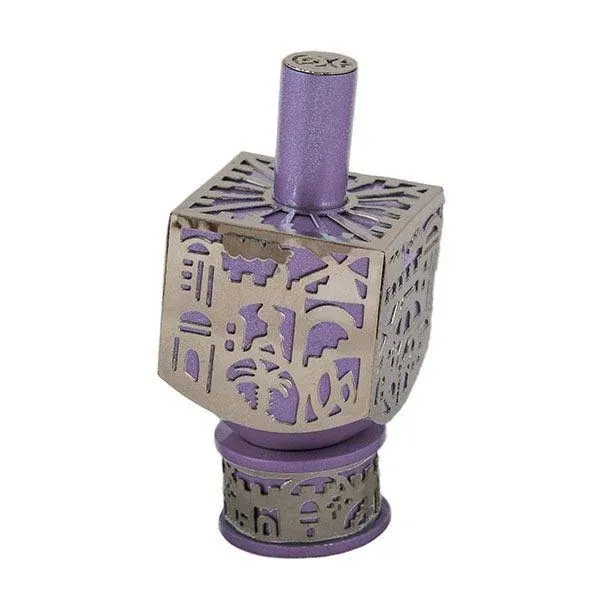 Large Purple Dreidel with Jerusalem Metal Cutout by Yair Emanuel 