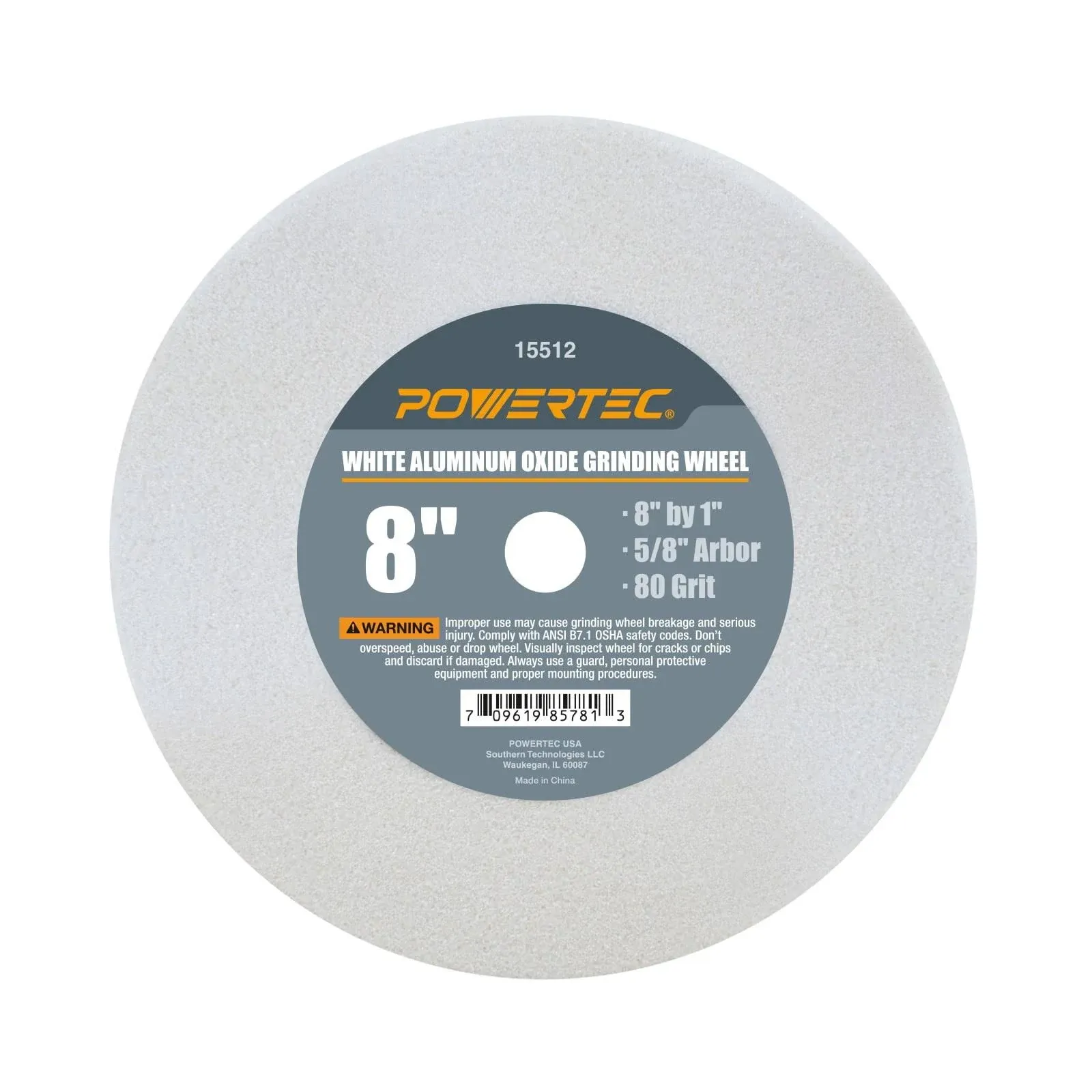 POWERTEC 15512 80 Grit Aluminum Oxide Grinding Wheel, 8-Inch by 1-Inch, 5/8-Inch Arbor – White