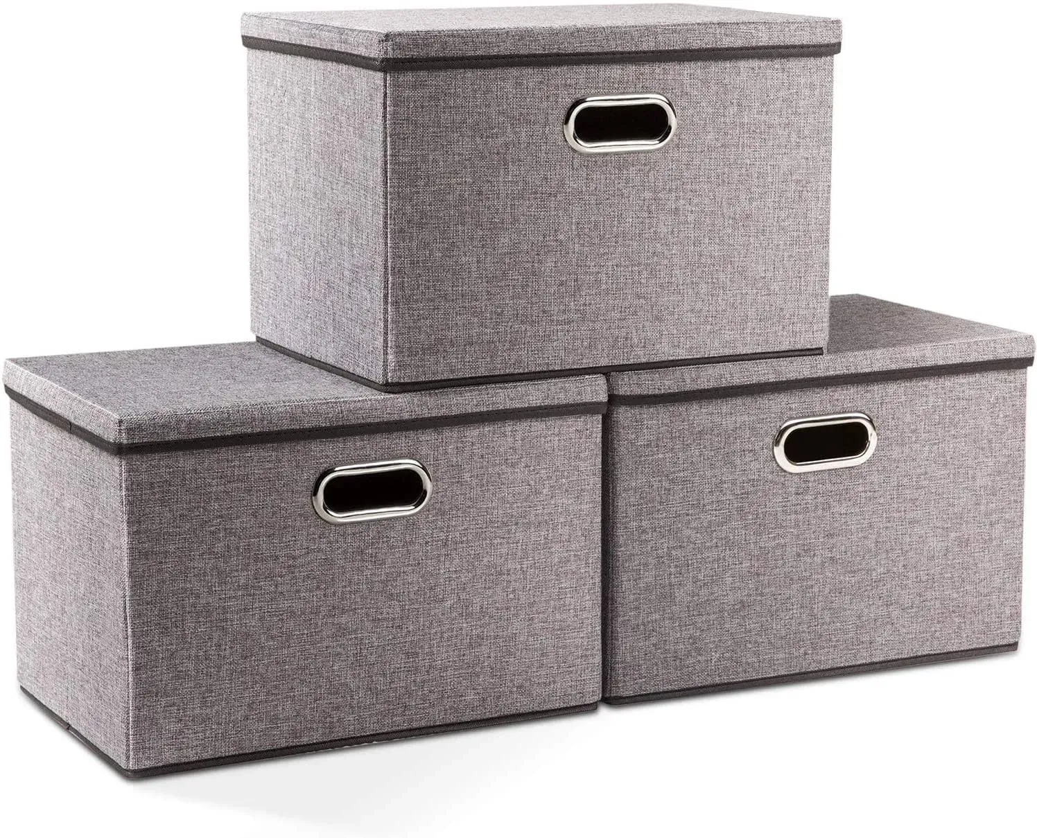 Large Collapsible Storage Bins with Lids 3-Pack Linen Fabric Foldable Stora...