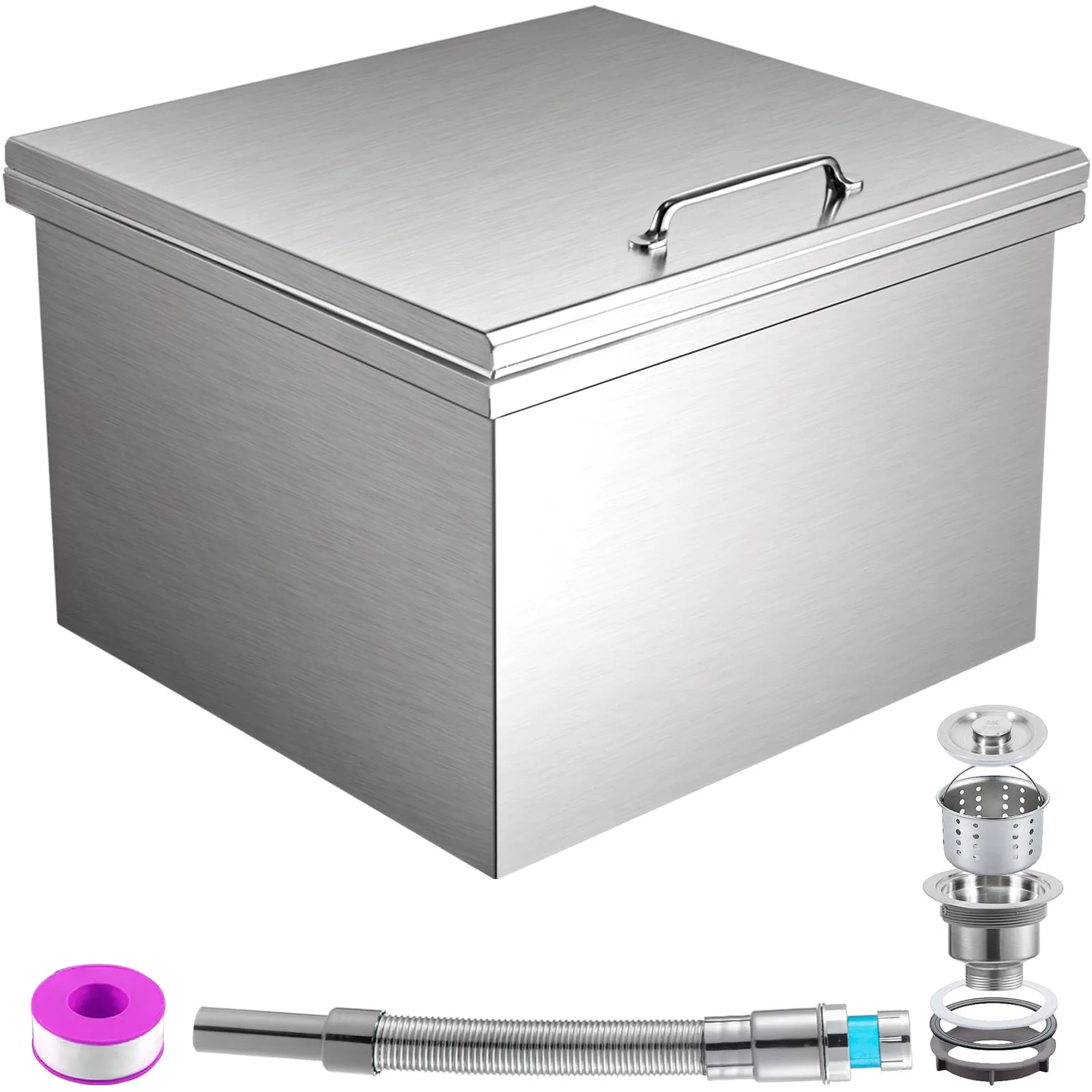 VEVOR Drop in Ice Chest, 28" L x 20" W x 17" H Stainless Steel Ice Cooler, Commercial Ice Bin with Hinged Cover, 40 qt Outdoor Kitchen Ice Bar, Drain-Pipe and Drain Plug Included, for Cold Wine Beer