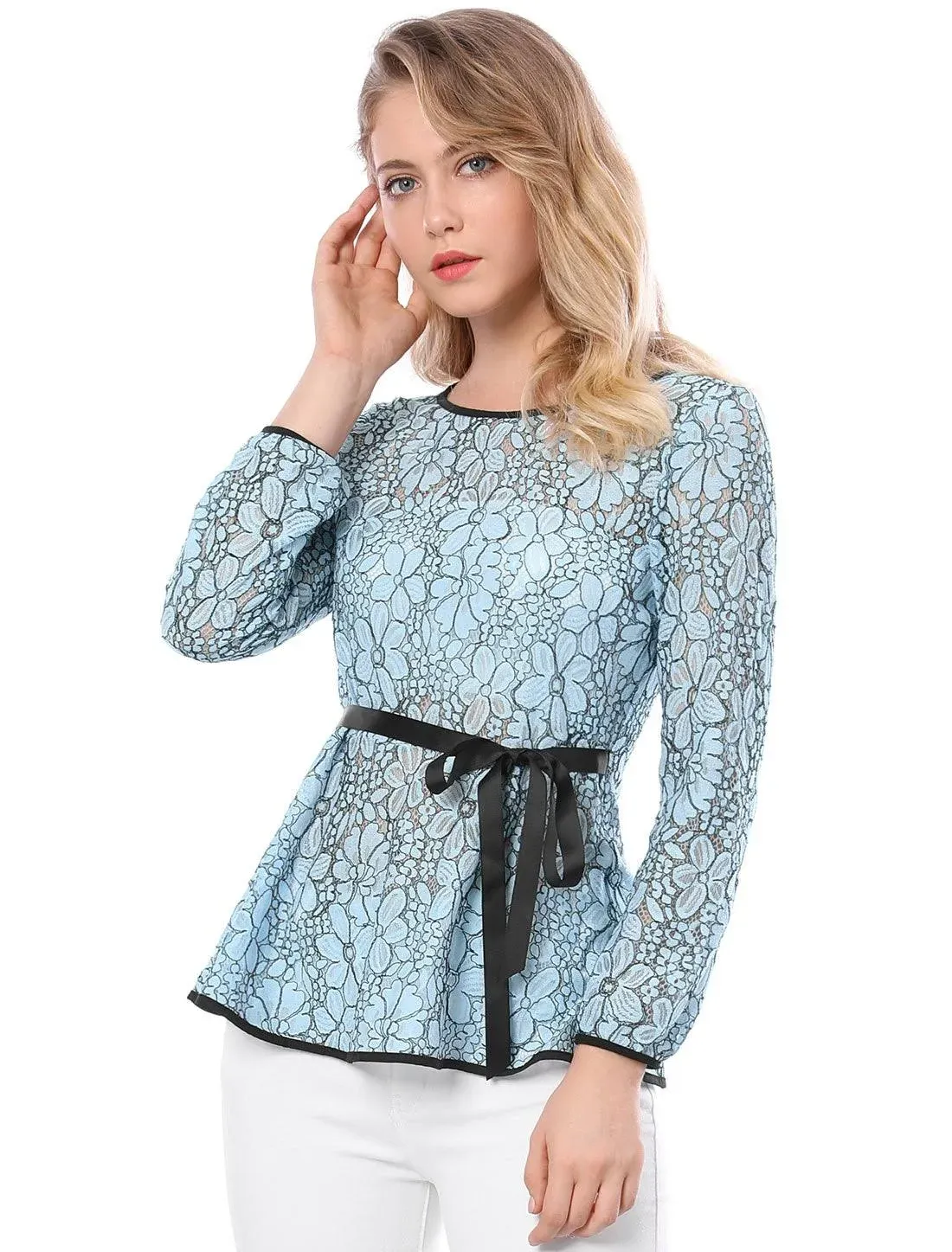 Allegra K Women's Self-Tie Waist Semi Sheer Lace Peplum Top Blue Xs