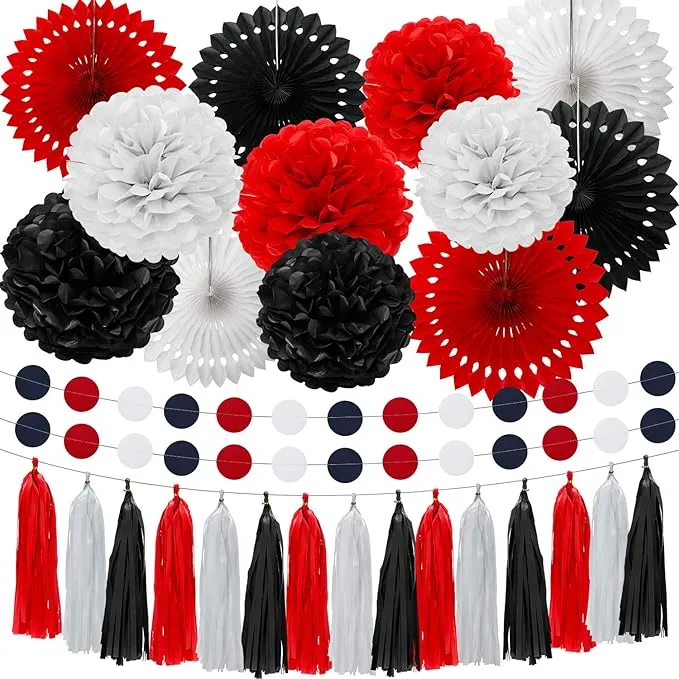 WILLBOND 29 Pcs Red and Black Decorations Mouse Paper Decoration Fan Pom Pom Honeycomb Flower Tissue Tassel Garland Theme Party Supplies for Graduation Birthday(White, Red, Black)