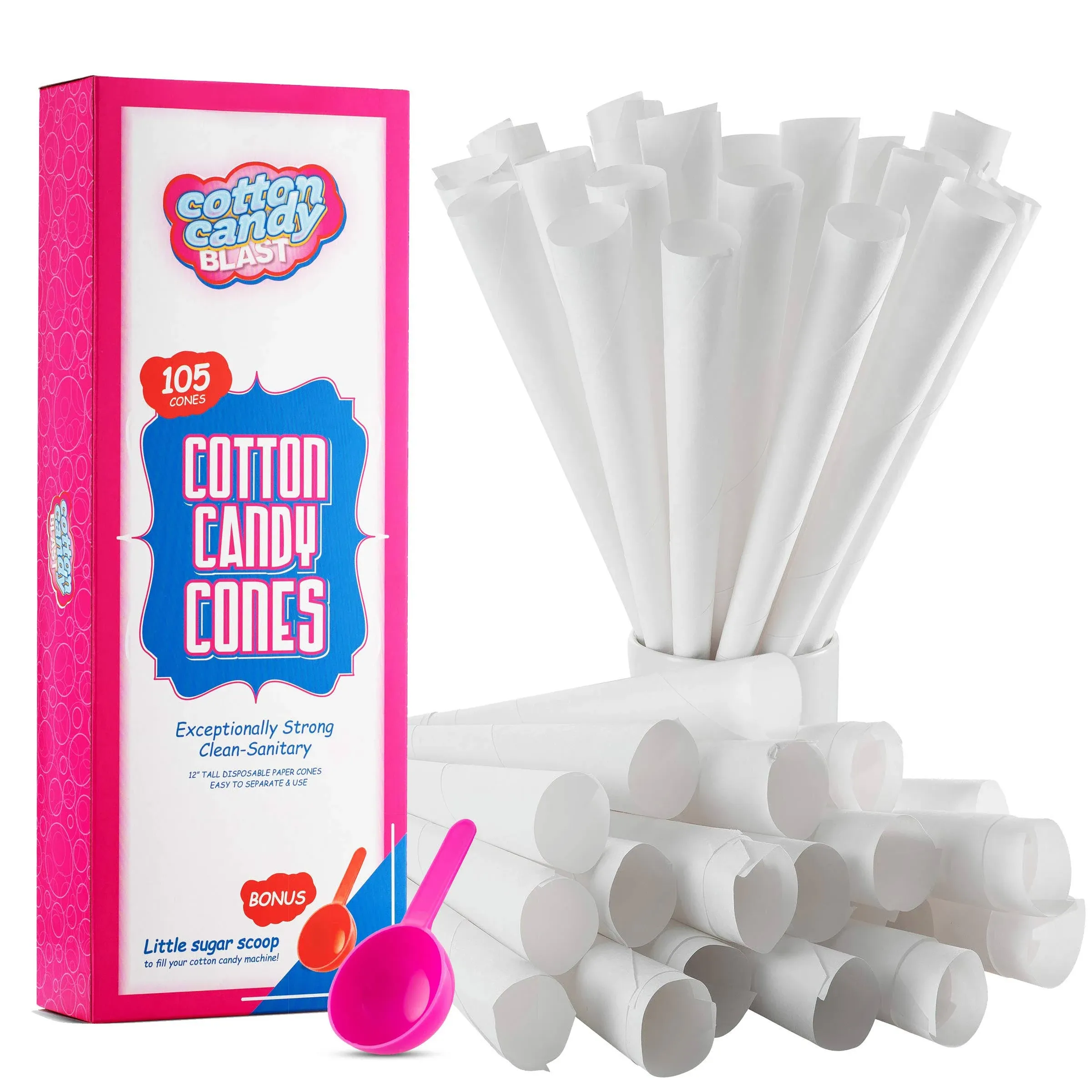 105 Paper Cones with Bonus Little Cotton Candy Sugar Scoop For Easy Pouring, Cotton Candy Paper Cones for Cotton Candy Making, White