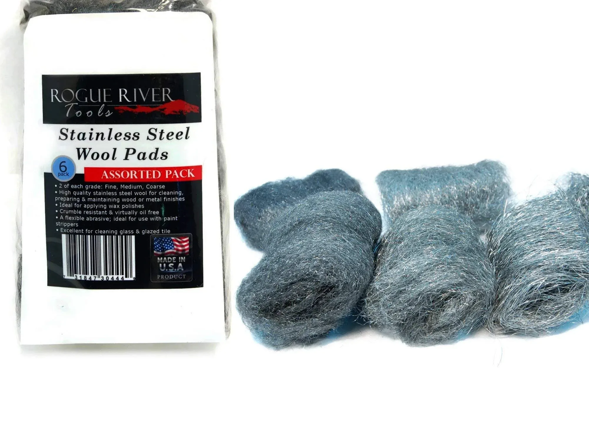 6pc Assorted Pack 434 Stainless Steel Wool Pads (Fine, Medium, Coarse) - Made in USA!