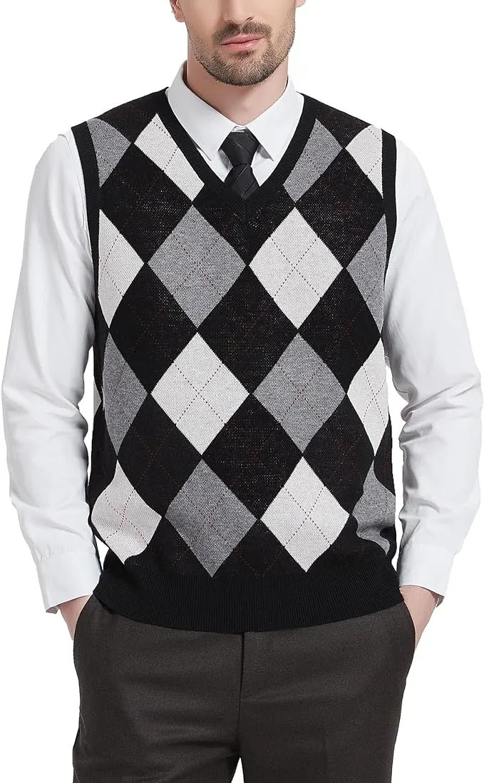 Kallspin Men's Argyle Vest Sweater Wool Blend V-Neck Sleeveless Pullover Sweater