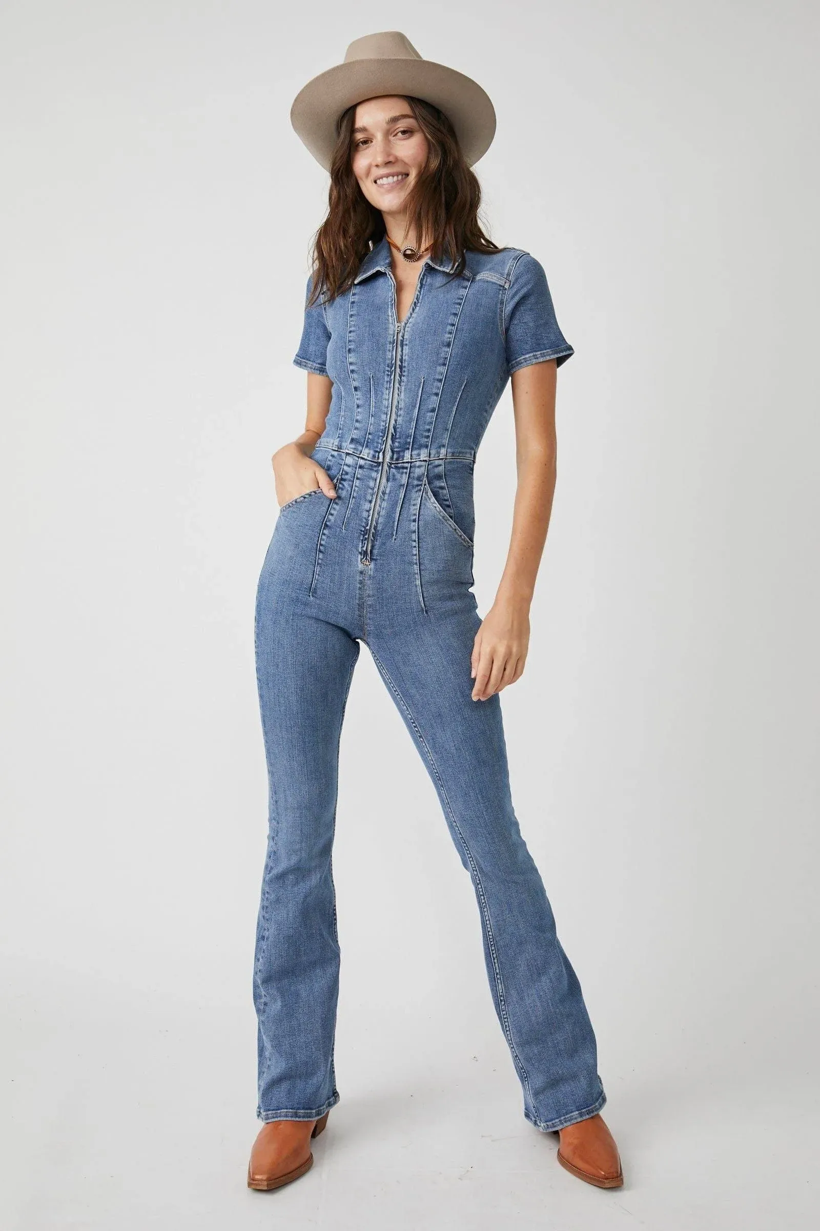 Free People Jayde Flare Jumpsuit - Sunburst Blue S