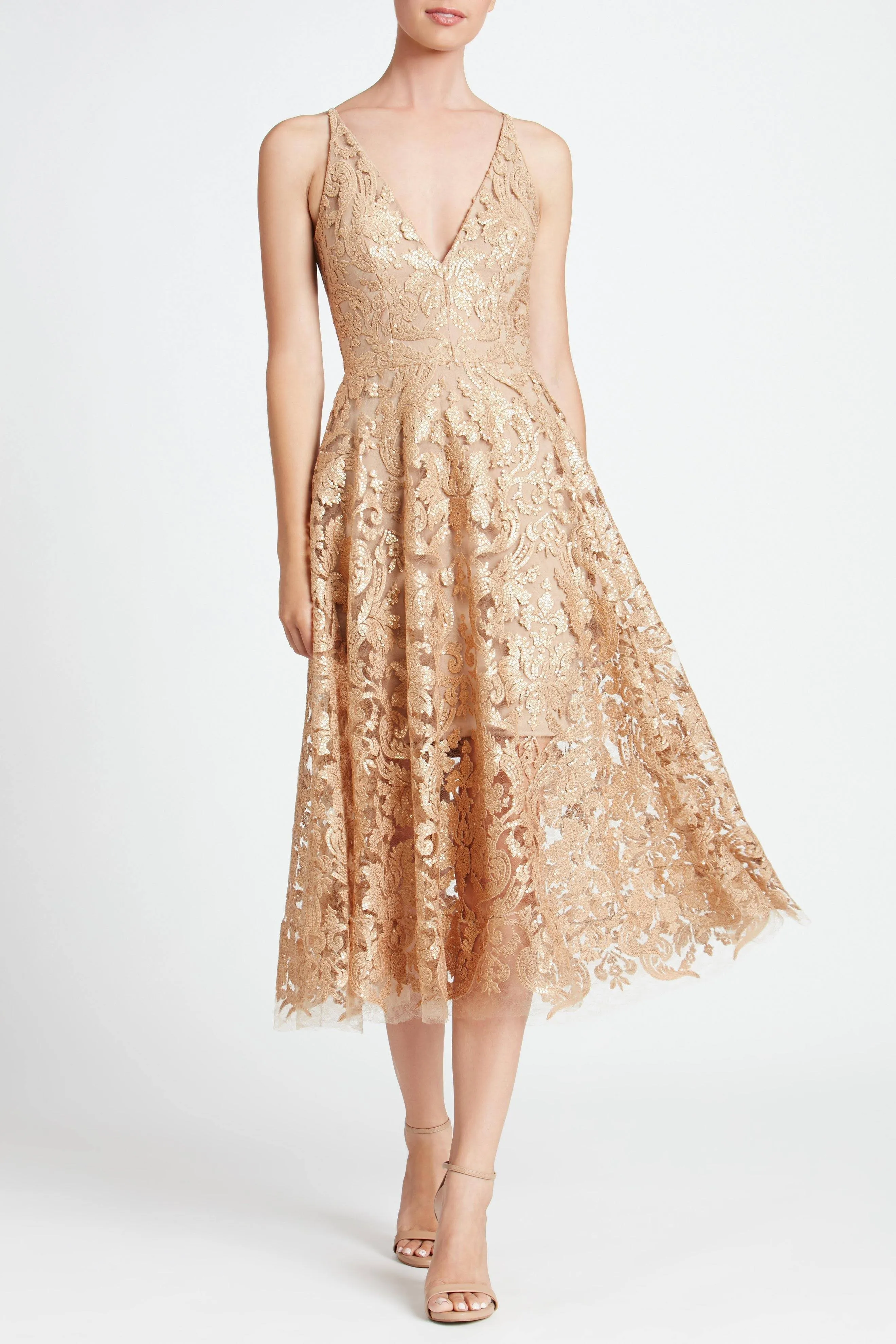 DRESS THE POPULATION Blair Sequin Lace Fit &amp; Flare Midi Dress. Size XS