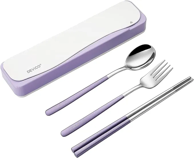 DEVICO Travel Utensils, 18/8 Stainless Steel 4pcs Cutlery Set Portable Camp Reusable Flatware Silverware, Include Fork Spoon Chopsticks with Case