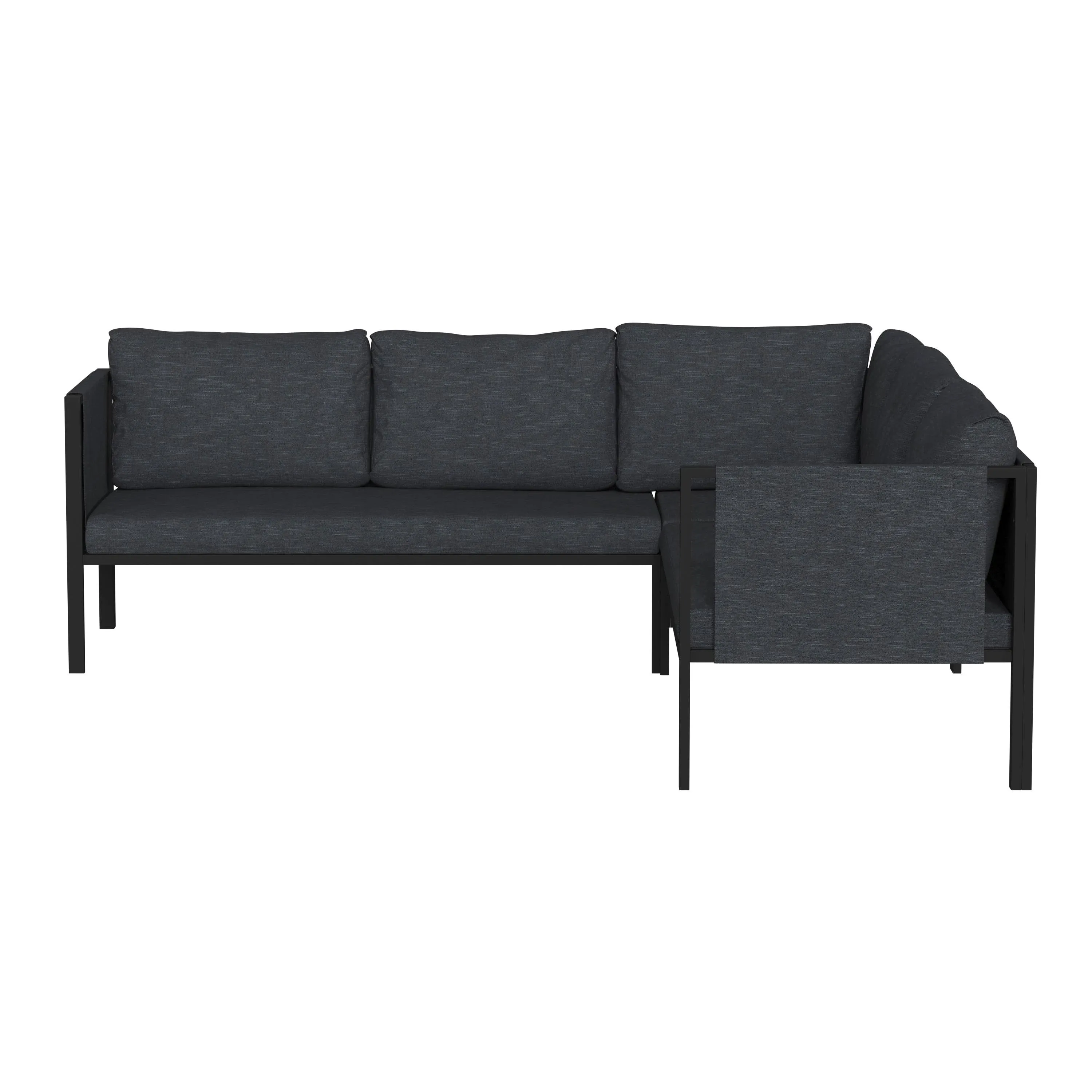 Lea Indoor/Outdoor Sectional with Cushions - Modern Steel Framed Chair with Dual Storage Pockets, Black with Charcoal Cushions