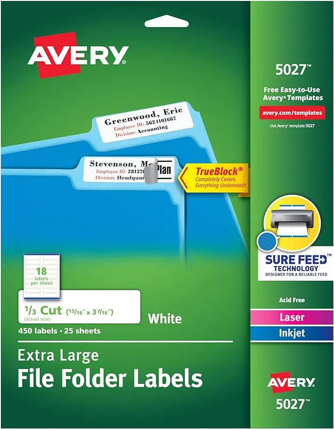 Avery Extra-Large File Folder Labels, Permanent Adhesive, 15/16" x 3-7/16", 450 Labels (5027)