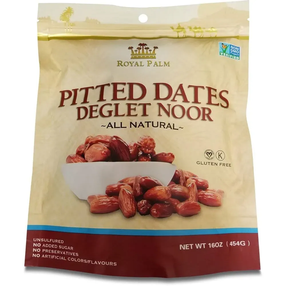 Royal Palm Deglet Noor Dates 16oz (Pack of 1) - Natural Dried Pitted Dates for Baking Non-GMO, Kosher Raw Pitted Dates in Bulk Pack -Premium Dry Deglet Noor Dates, No Added Sugar