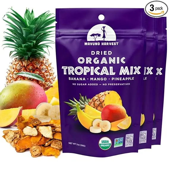 Mavuno Harvest Tropical Mix Dried Fruit Snack | Unsweetened Organic Mixed Dried Fruit | Gluten Free Healthy Snacks for Kids and Adults | No Sugar Added, Vegan, Non GMO | 2 Ounce, Pack of 3