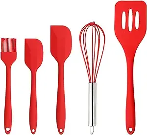 Silicone Cook Utensils, 5 Piece Kitchen Cooking Set, Includes Silicone Turner, Large Spatula, Small Spatula, Basting Brush, Whisk (Red)