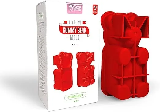 DIY Giant Gummy Bear Mold by Mister Gummy | PREMIUM Quality Silicone + 2 RECIPES and 5 GIFT BAGS Included | Make BIG Bear Treats! (Gummy, Cakes, Breads, Chocolates, and More) (Red)