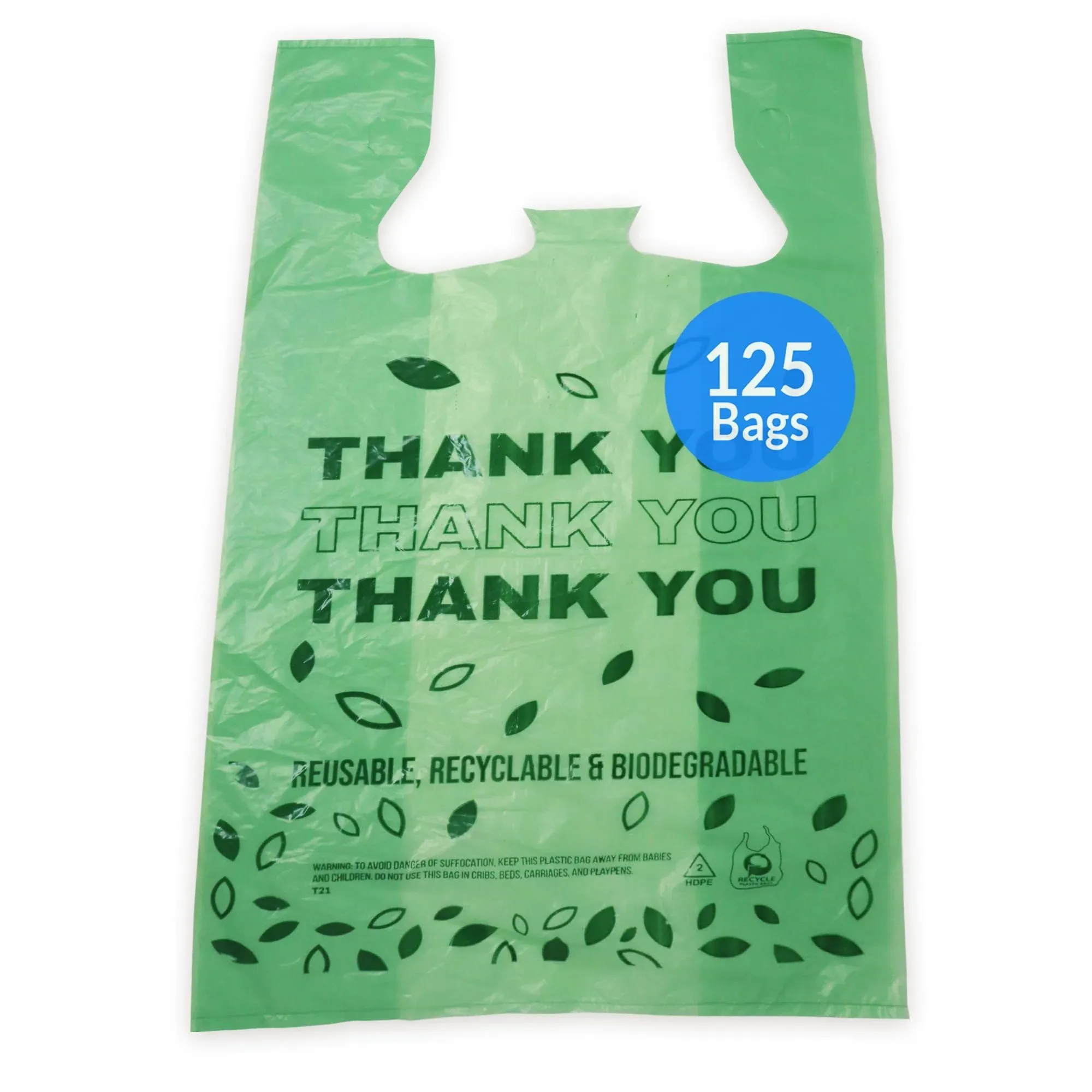 Reli. Biodegradable Thank You Bags | 125 Count | Biodegradable Shopping Bags, Grocery Bags/Restaurant | Oxobiodegradable Plastic Bags | 11.5" x 6.5" x 22" | Green T-Shirt Bags