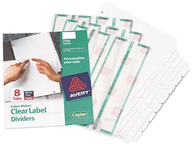 Avery 11422 Print & Apply Clear Label Dividers, Index Maker Easy Peel Printable Labels for Copiers, 8 White Tabs, 5 Sets (11422)