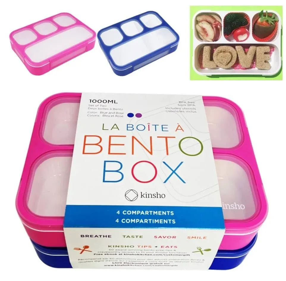 Kinsho 8pc (Set of 2) 4C Classic Bento Lunch Box 4 Section Leak Proof Food Storage Boxes Denim Blue/Rose