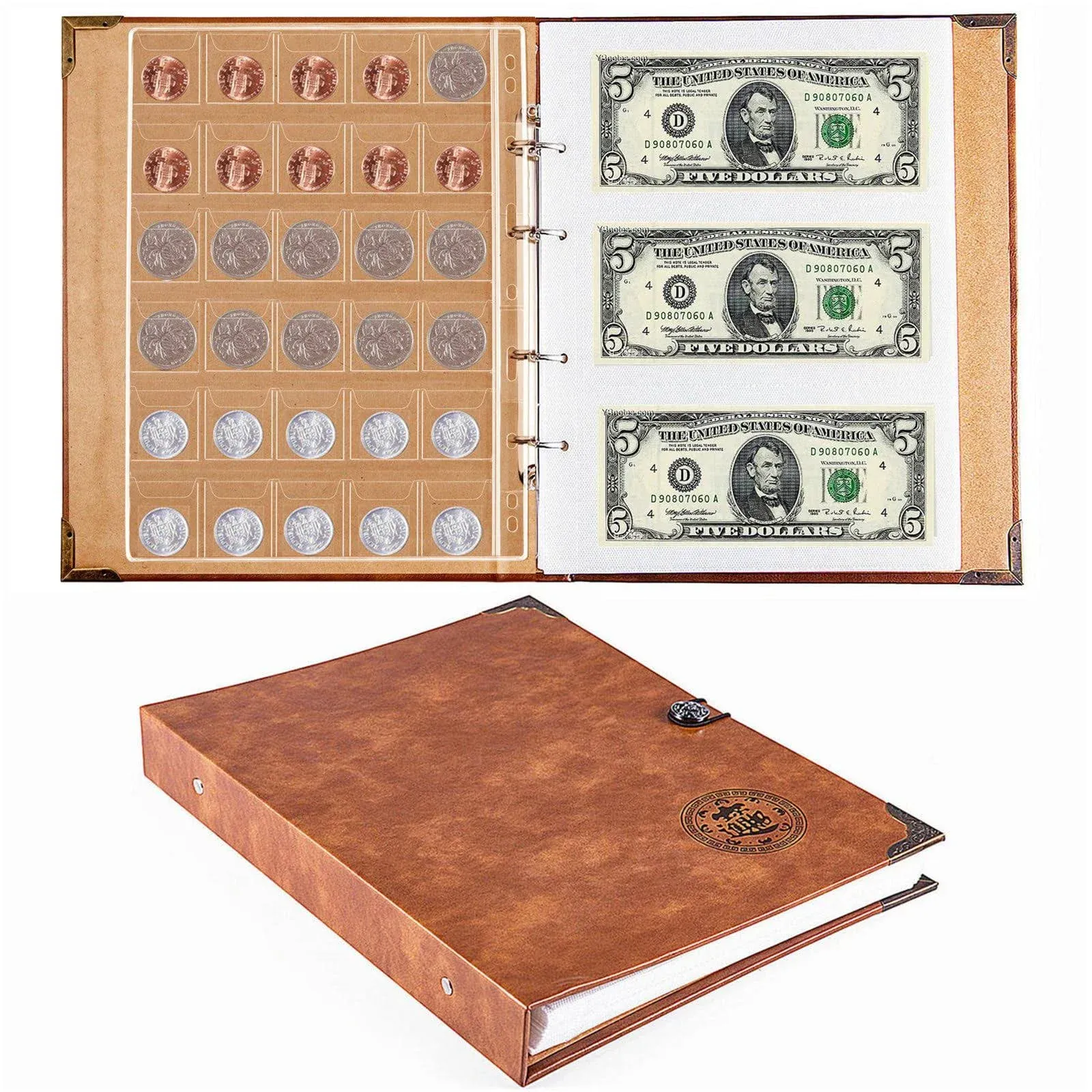 Ettonsun Leather 150 Pockets Coin Collecting Holder Album, 240 Pockets Paper Money Currency Colletion Supplies Holders, Large Storage Book for Collectors, Bill Commemorative Coins Foreign Currency