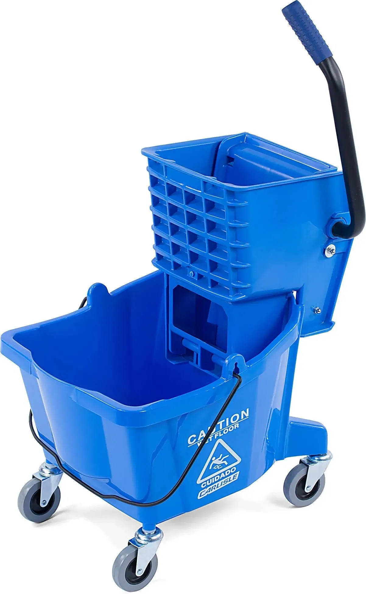 Carlisle FoodService Products Mop Bucket with Side-Press Wringer for Floor Cleaning, Restaurants, Offices, And Janitorial Use, Polyproylene, 26 Quarts, Blue