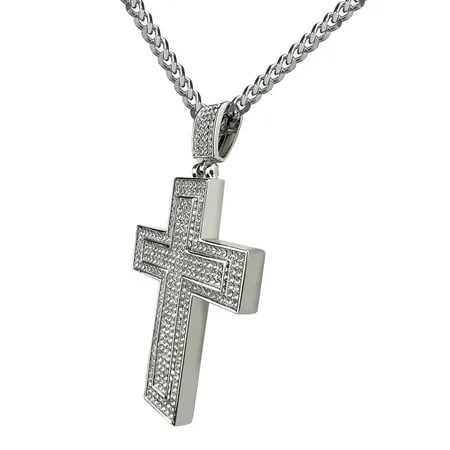 ORENTINI 3.5mm 925 Sterling Silver Plated Stainless Steel Cuban Link Chain with CZ Iced Out 3 Cross Pendant for Men Woman. 28 In Length Lobster Clasp