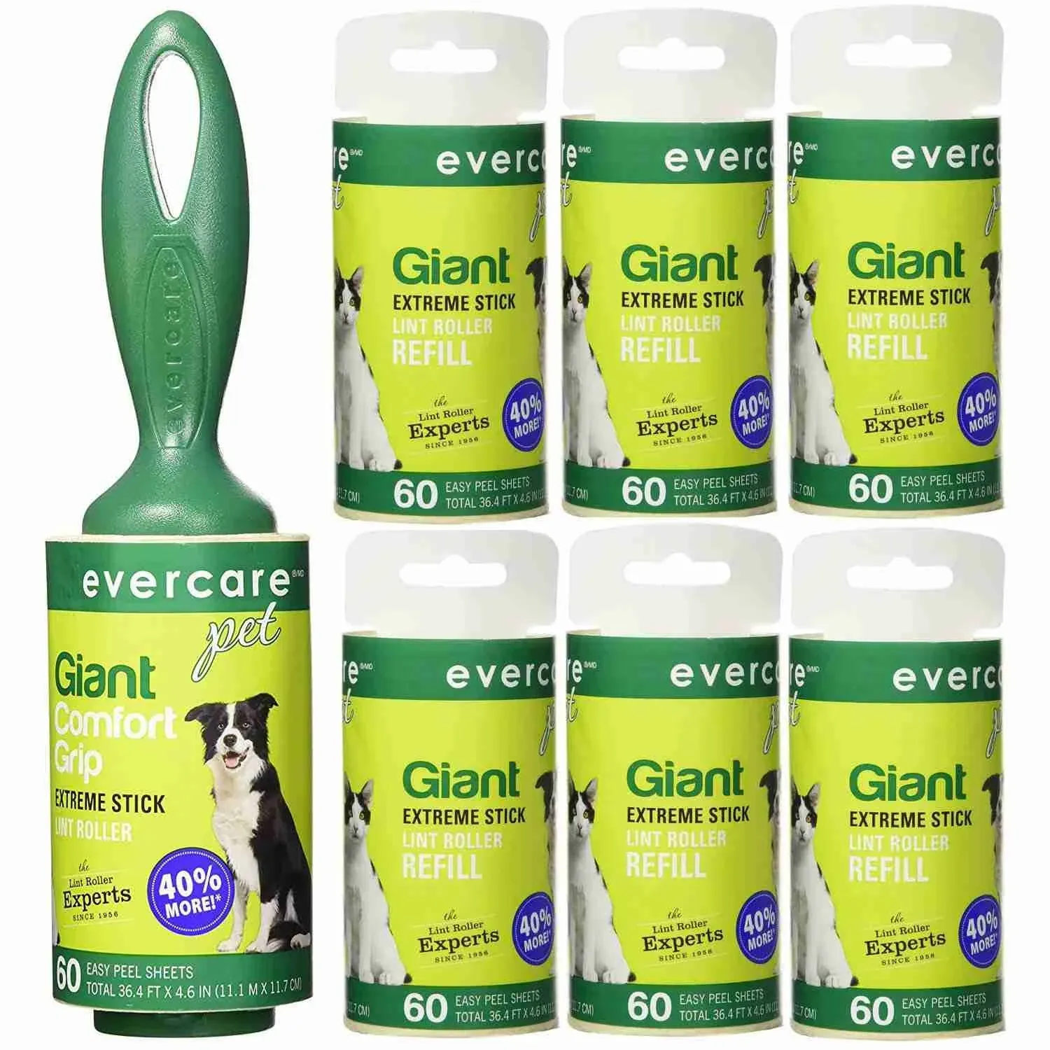 Evercare Pet Bundle  Giant Pet Roller REFILLS - 6 Pack, Dark Green