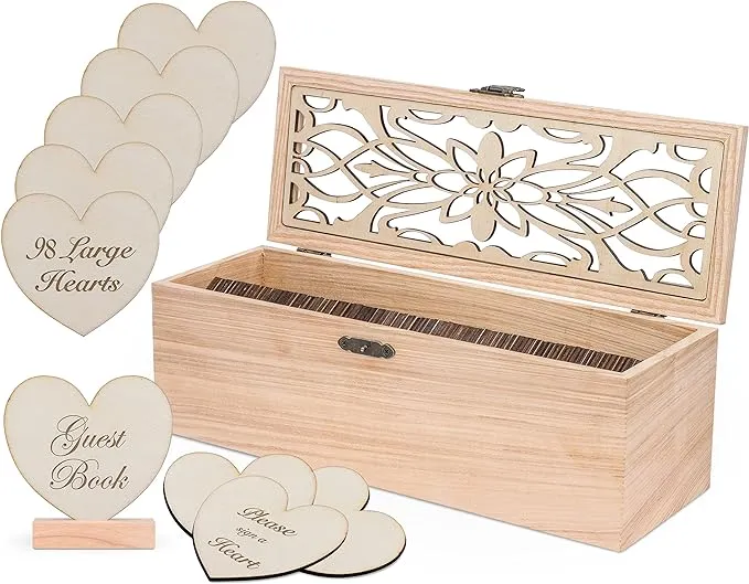 Guest Book Box - Wedding Guest book Alternative - 62 Large Wooden Hearts