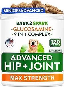 Bark&Spark Senior Advanced Glucosamine Chondroitin for Dogs - Hip Joint Pain Relief Pills - Old Dog Joint Supplement Large & Small Breed - Hip Joint Chews Joint Health Care Vitamin Treats - 120Ct