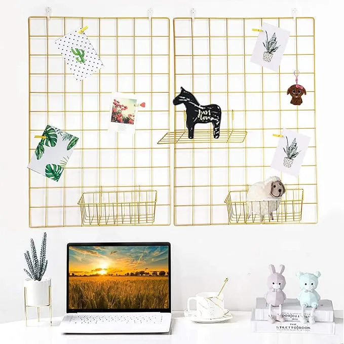 2 Pack Wire Photo Grid Panels Black Memo Board Wall Organizer Photo Display for Home, Office 65cmx45cm