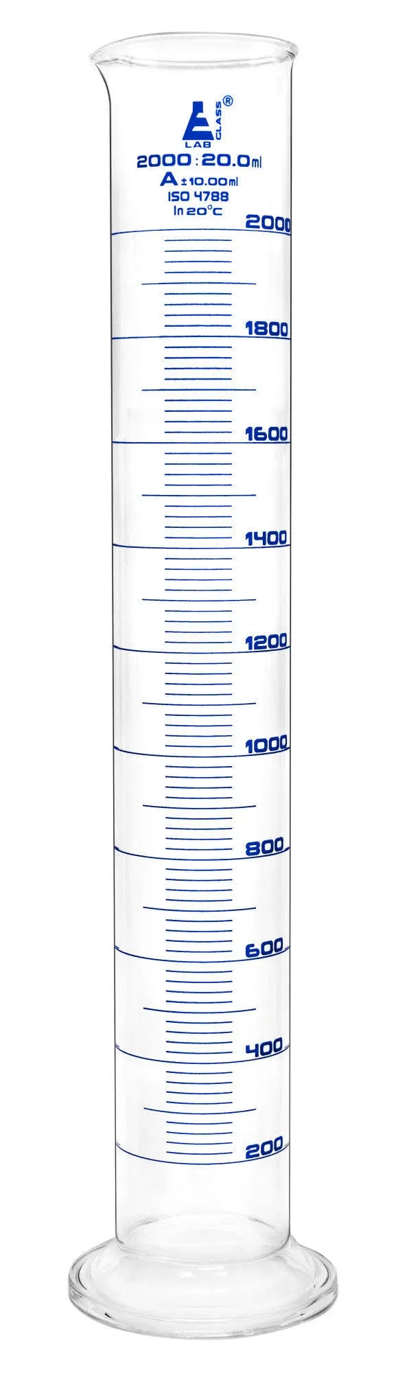 Graduated Cylinder, 2000ml - Class A - Blue Graduations - Round Base