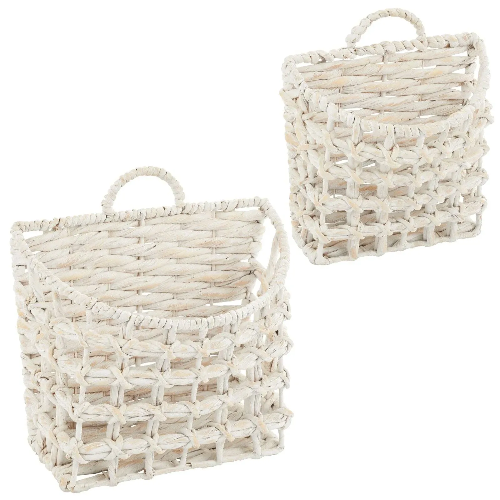 mDesign Woven Water Hyacinth Hanging Wall Storage Basket - Set of 2 - White Wash