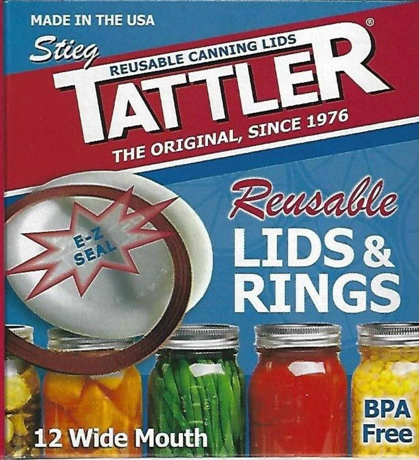 Authentic Tattler E-Z Seal Reusable Canning Lids - WIDE Mouth - 1 Dozen (12) Plastic Lid/Rubber Ring - MADE IN THE USA!