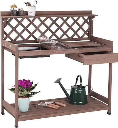 Aivituvin Potting Bench with PVC Layer, Outdoor Gardening Work Bench with Sink &amp; Lid, Wooden Planting Table for Outside with Storage, Drawer, Shelf, Hook