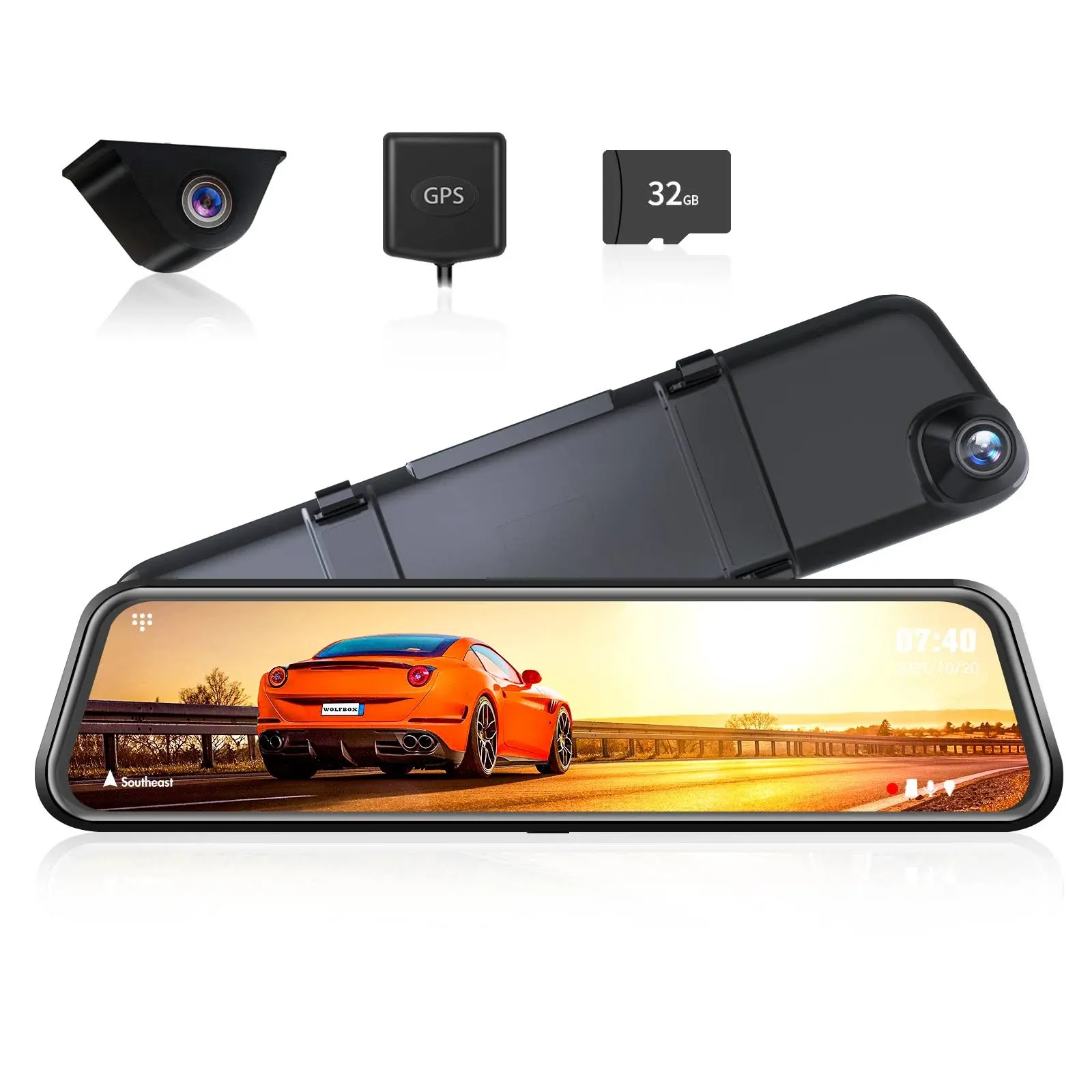 WOLFBOX 12'' Mirror Dash Cam with WiFi,2.5K Rear View Mirror Camera with 1080P Rear Camera,WiFi Mirror Dash Cam Front and Rear,Dual Dash Camera for Cars with 32GB TF Card & GPS,Parking Monitoring