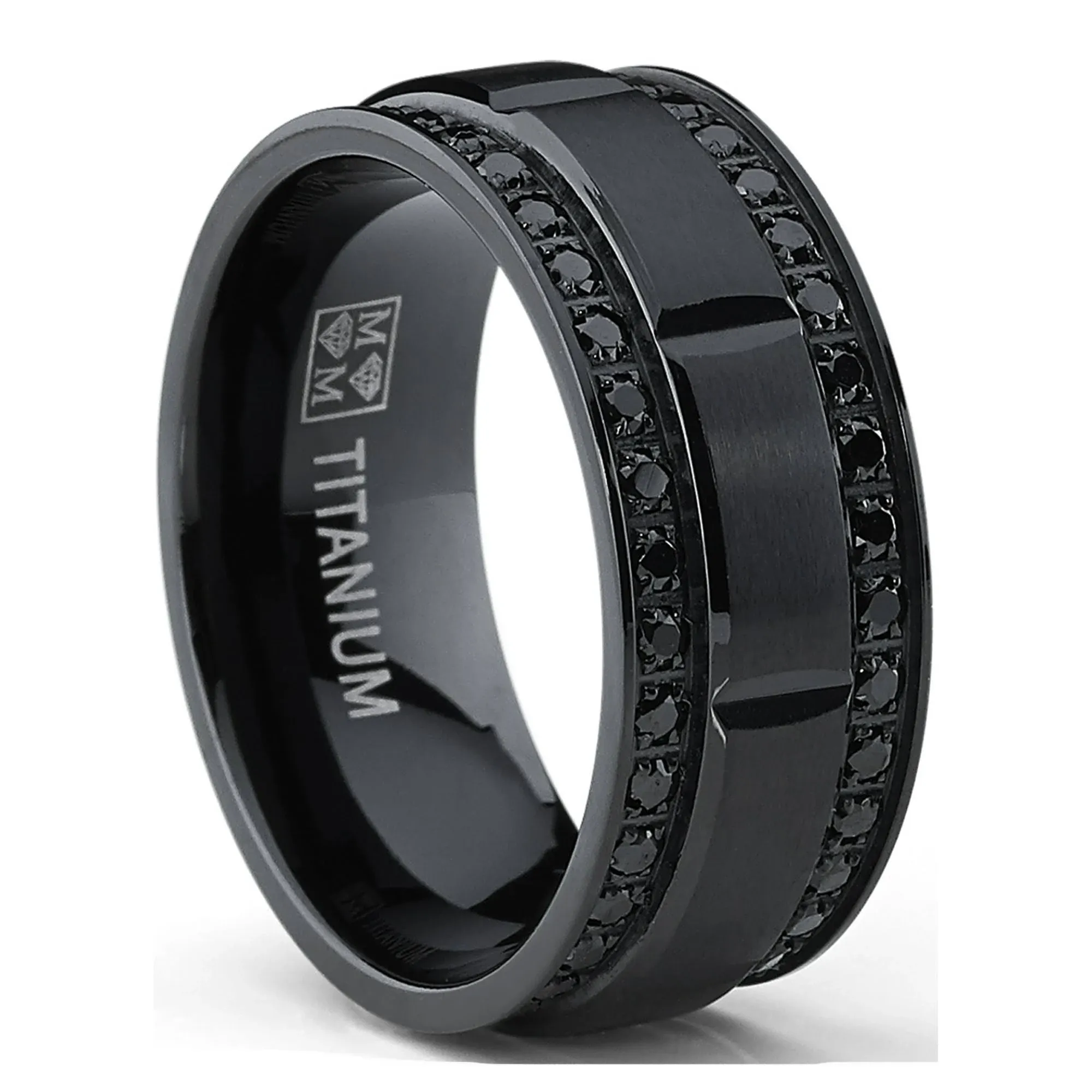 Bonndorf 9mm Men's Black Titanium Wedding Band Ring with Double Row Black Cubic ...