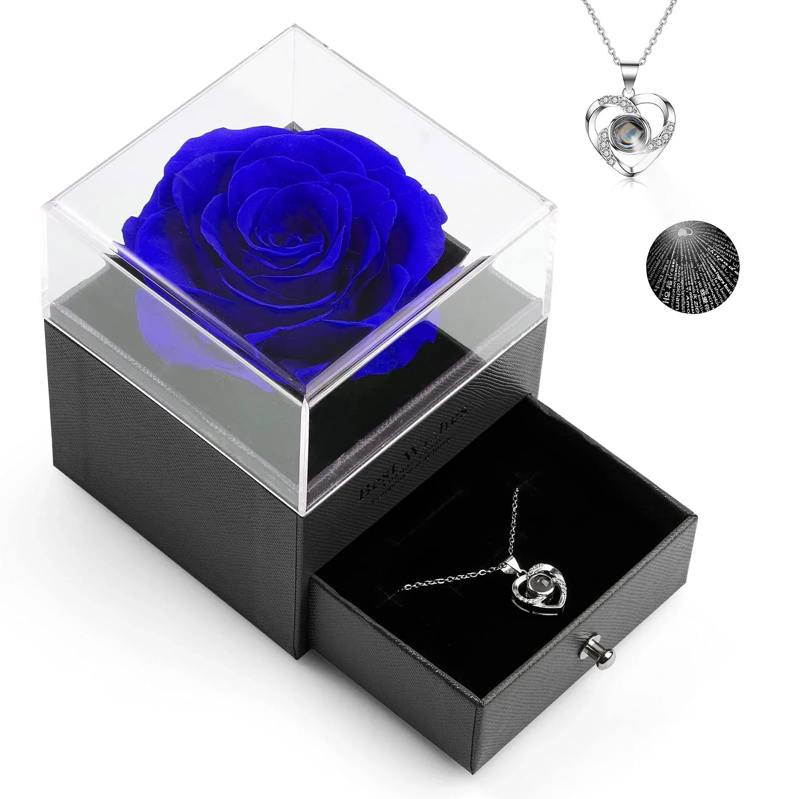 Preserved Real Rose with Heart Necklace and Greeting Card. Forever Rose Gifts for Women/Mom/Her/Girlfriend/Wife/Valentine’s Day/Birthday/Anniversary/Thanksgiving/Christmas and Wedding Gifts