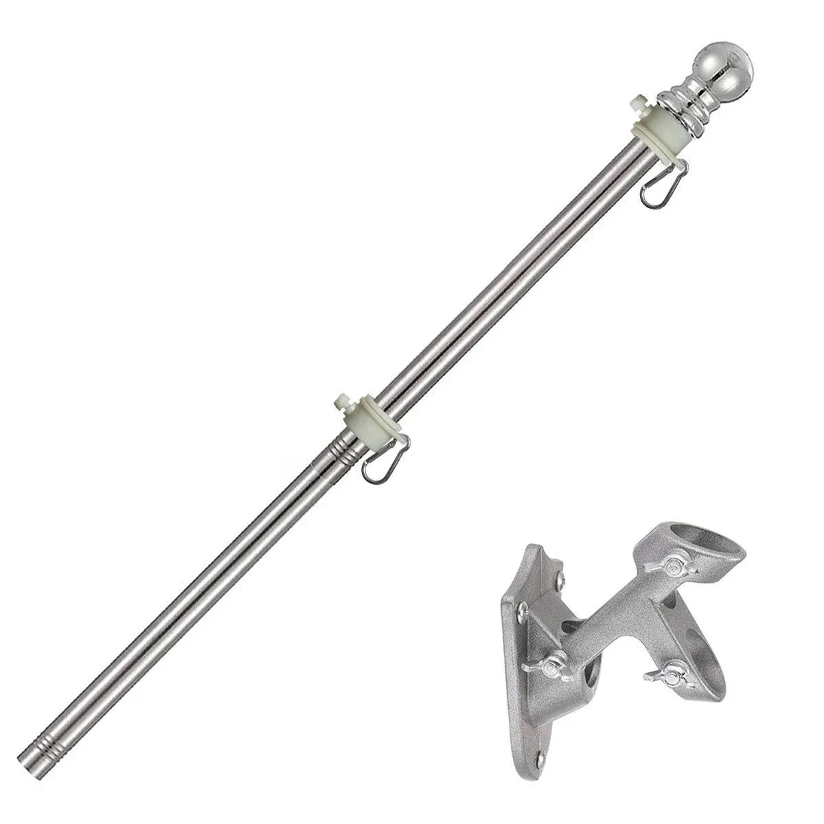 7FT Silver Flag Pole Kit for Outdoor - House Tangle-Free Flag Pole with Clips 1&#034;