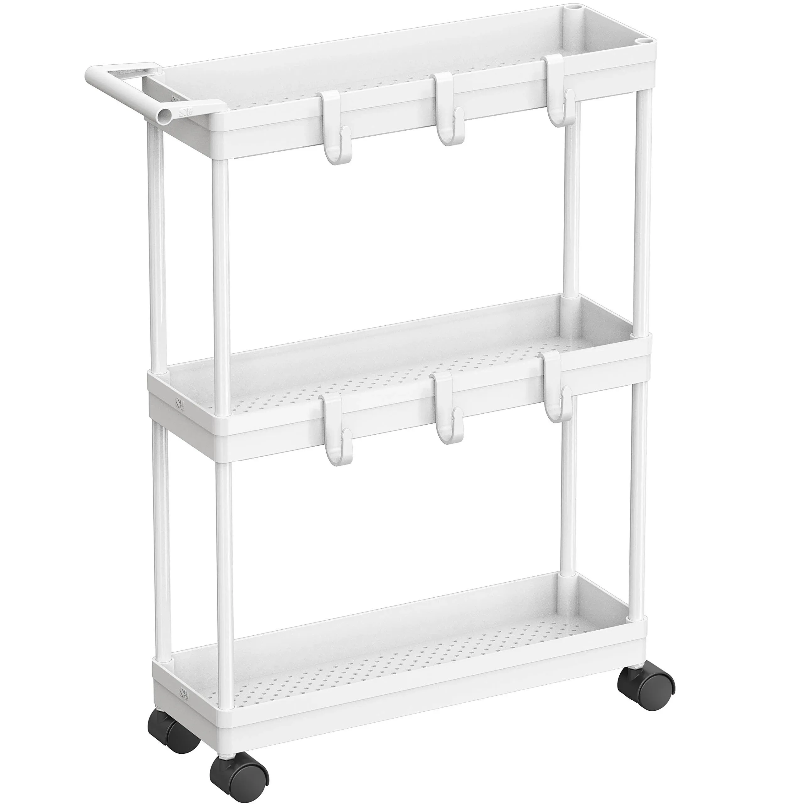 SimpleHouseware 3-Tier Slim Rolling Cart with Handle and Hooks for Narrow Storage ...