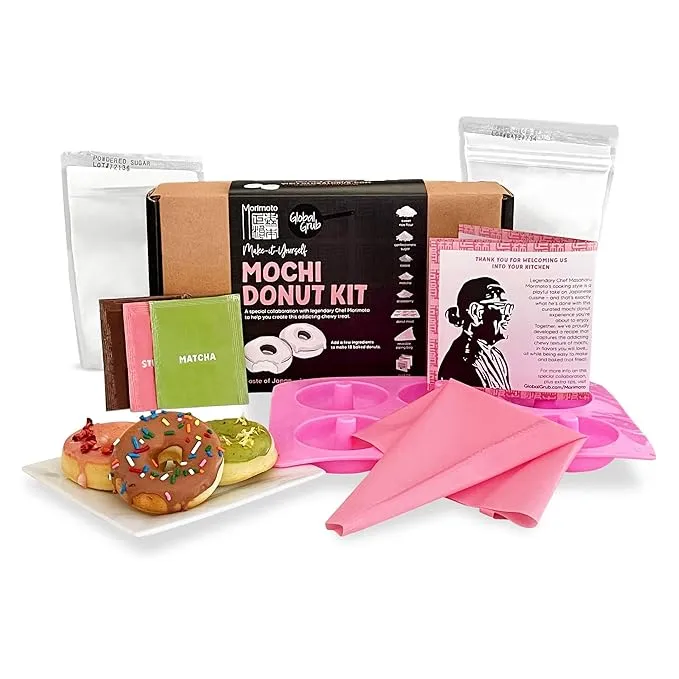 Global Grub DIY Morimoto Mochi Donut Kit - Includes Mochi Donut Mold, Reusable Piping Bag, Sweet Rice Mochi Flour, Confectioners’ Sugar, Strawberry Powder, Cocoa Powder & Matcha Green Tea Powder, Step-by-Step Instructions, Master Chef Approved, Makes 18 